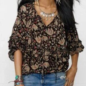 Ralph Lauren Boho Denim & Supply black floral blouse ruffles slight balloon L
